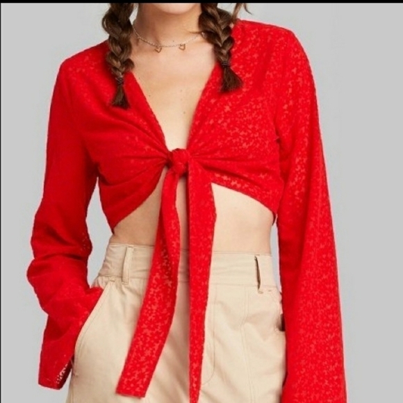 WILD Fable Women's Bell Long Sleeve Tie Front Top - Red Floral - Picture 2 of 10